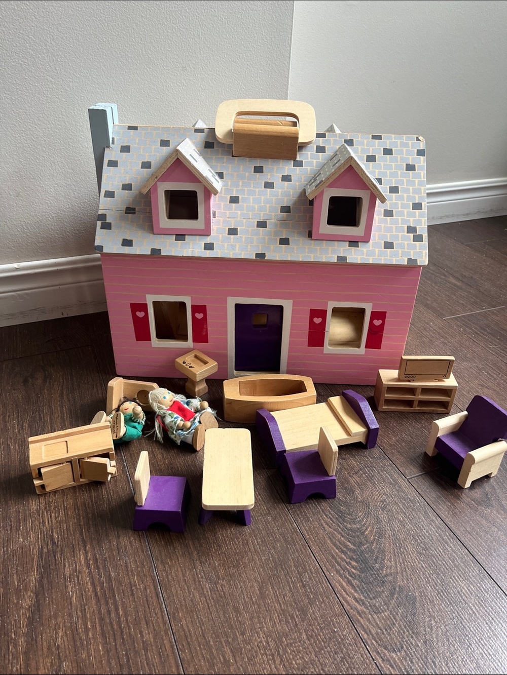 Melissa & Doug Wooden Dollhouse with Purple Accent Furniture Set